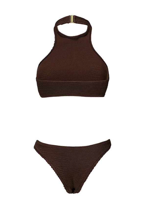 Halterneck  Brown Top & Bikini Set
